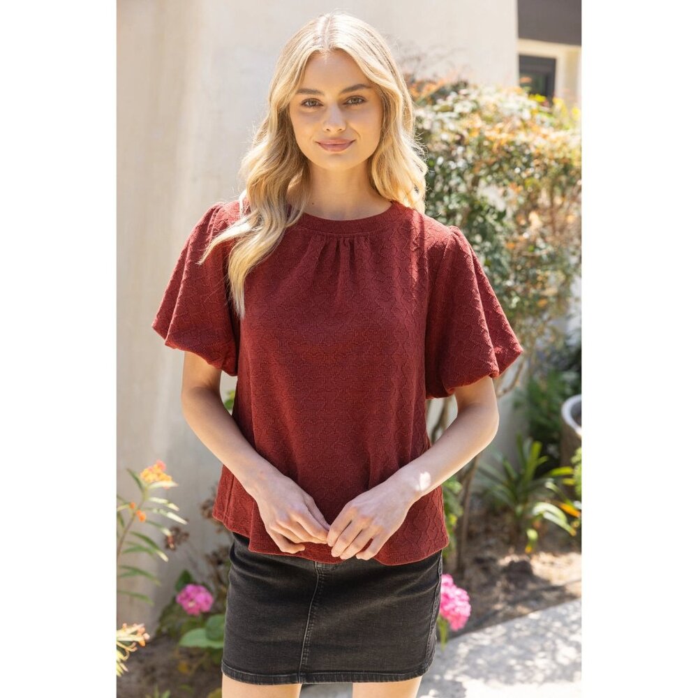 Heart Textured Puff Sleeve Knit Top